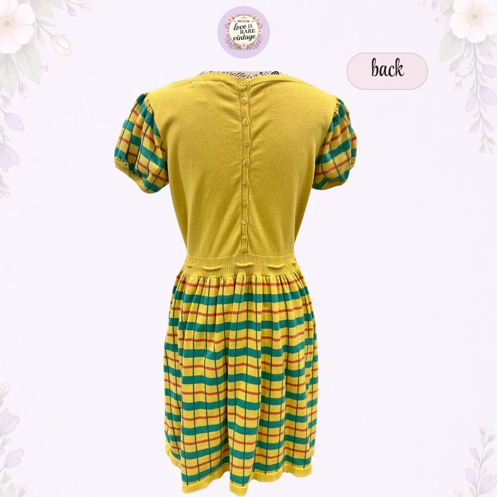Y2K Betsey Johnson Yellow Plaid Knit Dress • Mod Puff Sleeve Midi • 100% Cotton - Picture 5 of 9